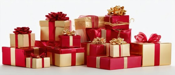 The gift boxes stacked in red and gold with festive ribbons and bows