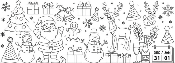 Obraz premium Christmas and New Year Line Art Doodle Set with Santa, Reindeer, Snowman, and Party Elements Vector
