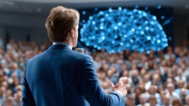 The Speaker's Vision: A distinguished orator addresses a captivated audience, as a glowing digital brain symbolizes the power of insight. Capturing the spirit of knowledge dissemination.