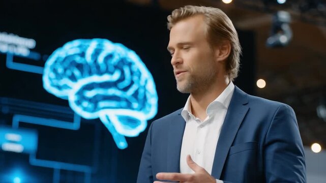 Brainy Speaker: A captivating speaker, radiating intellect, presents complex ideas with an illustrative brain image as a backdrop, symbolizing the power of the mind and thought.