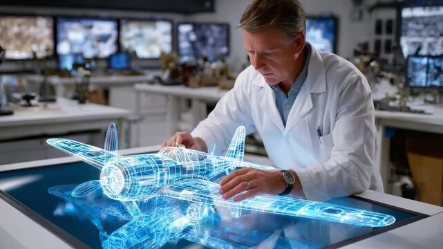 Precision Engineering: A focused engineer, clad in a crisp white coat, meticulously examines a holographic aircraft model, immersed in a high-tech workspace.