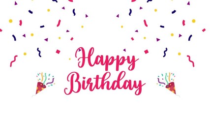 Happy Birthday greeting with confetti and party poppers on a white background.
