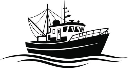 Minimalist silhouette of a solitary fishing boat gently floating on calm sea waters under a clear sky representing a peaceful nautical scene perfect for maritime themes and coastal decor