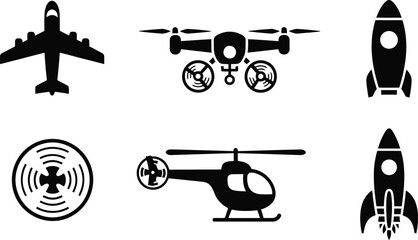 Collection of minimalist flat design flying vehicle icons including an airplane drone helicopter and rocket perfect for aviation technology and travel themes