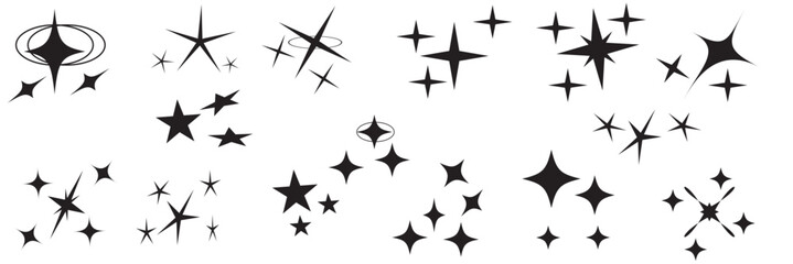 Retro starburst icons with shiny spark and glitter effect. Abstract Y2K vector set for festive design or logo. Minimal geometric shapes glowing with bright starlight