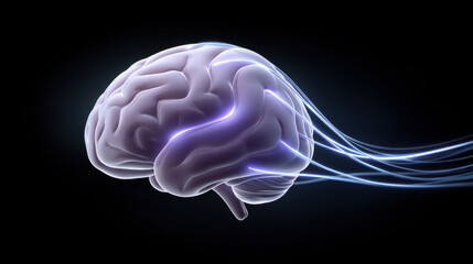 Neuromorphic ai chip in cloud visual concept with glowing brain and light trails representing data flow and intelligence