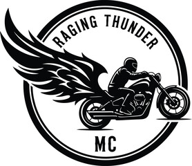 Dynamic motorcycle club emblem featuring a powerful rider silhouette with stylized flame wings perfect for banners advertisements and apparel designs