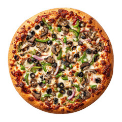 A delicious whole vegetarian pizza with fresh mushrooms black olives and green peppers isolated on a black background