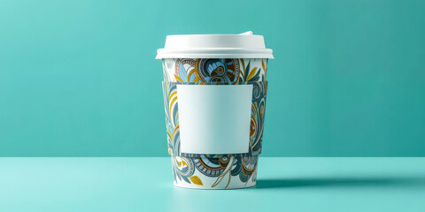 Patterned disposable coffee cup with white lid and blank sleeve on a vibrant turquoise studio background, ready for mockup presentation