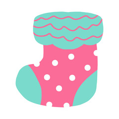 Cute pink and turquoise christmas sock illustration in flat vector style, perfect for kids design, decoration, greeting cards, and cozy themed projects.
