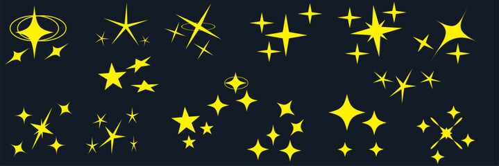 Retro starburst icons with shiny spark and glitter effect. Abstract Y2K vector set for festive design or logo. Minimal geometric shapes glowing with bright starlight