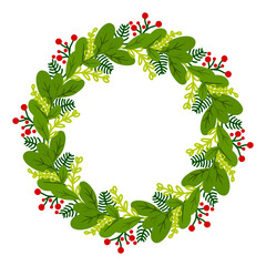 Green Christmas wreath with leaves and red berries in flat illustration style for holiday cards, invitations, and winter decorations.
