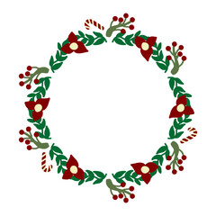 Christmas wreath with red flowers and candy cane in flat illustration style for holiday greeting cards, invitations, and festive decorations.