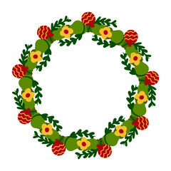 Christmas wreath with yellow flowers and red ornaments in flat decorative style for festive greeting cards, invitations, and holiday designs.