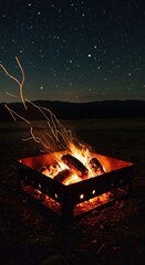 Glowing embers and crackling flames in a metal fire pit at a rugged campsite under the starry night sky ,burning ,fire ,traveling