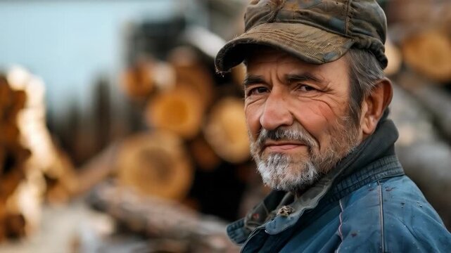 Portrait of a smiling elderly man in work clothes against a backdrop of logs. Suitable for content about work, experience, traditions, and life in rural areas.
