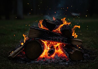 Glowing embers and flickering flames dance atop stacked logs, providing rustic warmth and light in a serene outdoor setting at dusk ,cozy ,wild ,smoke