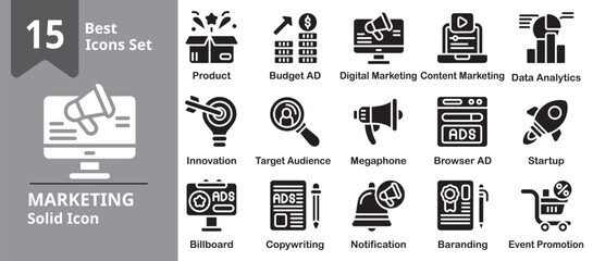 Marketing Icon set. Including marketing, business, promotion, campaign, digital and more. Solid vector icons collection.