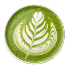 Matcha Green Tea Latte with Leaf Latte Art in Milk Foam, Top View Isolated on White Background
