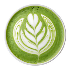 Matcha Green Tea Latte with Leaf Latte Art in Milk Foam, Top View Isolated on White Background