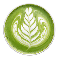 Matcha Green Tea Latte with Leaf Latte Art in Milk Foam, Top View Isolated on White Background
