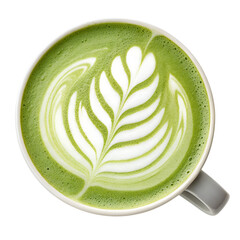 Matcha Green Tea Latte with Leaf Latte Art in Milk Foam, Top View Isolated on White Background