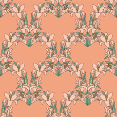 Hand drawn pink line art lily flowers vintage seamless pattern. Boho floral heart shaped wreaths repeat wallpaper