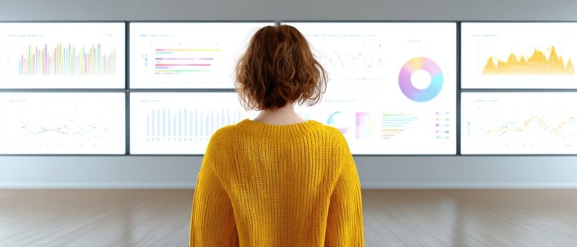 The woman in a yellow sweater studying colorful data dashboards on large wall mounted screens