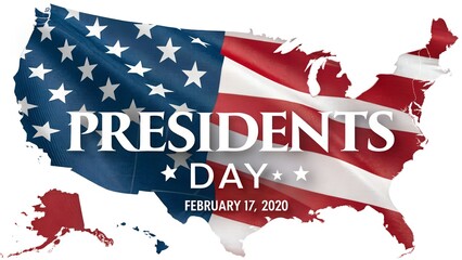 Obraz premium United states map superimposed with american flag and presidents day text for holiday celebration