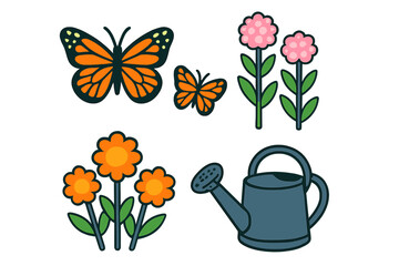 Colorful spring garden elements including monarch butterflies, blooming flowers, and a watering can