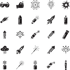 Firework Silhouette icon collection. Includes Silhouette symbols firework, celebration, rocket, sparkler, explosion and more. Firework icon set. Minimalist icons pack.