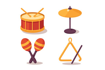 Isometric set of musical percussion instruments drum cymbal maracas triangle
