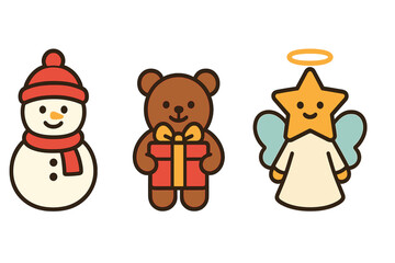 Smiling snowman, teddy bear holding a gift, and star angel character set for holidays