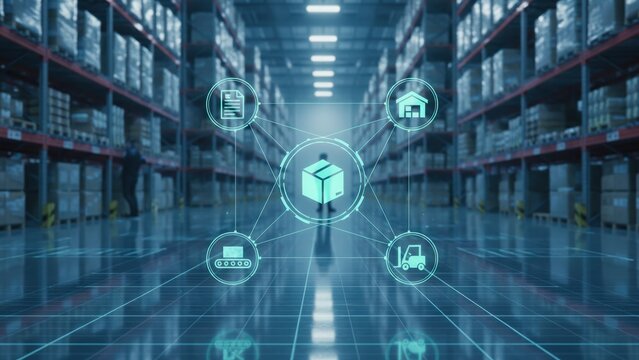 A futuristic warehouse with floating logistics icons showing digital fulfillment, e commerce fulfillment center, warehouse and inventory integration