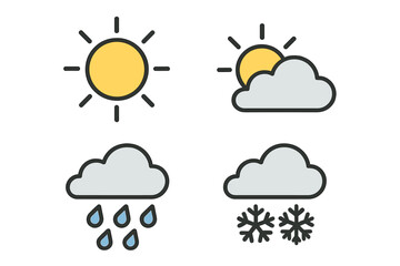 Set of essential weather forecast icons showing sun, clouds, rain, and snow for digital apps