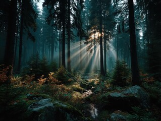 Fototapeta premium A cinematic forest scene enveloped in dense fog a single beam