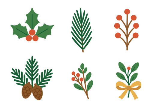 Festive winter holiday foliage elements set with holly, pine branches, berries, and cones