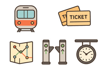 Public transport and travel icons set featuring train, tickets, route map, and turnstiles