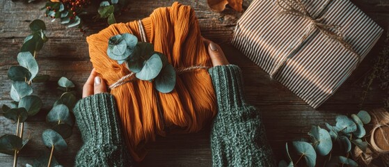 The wrapped gift with eucalyptus and cozy knit sleeves on a rustic wooden table