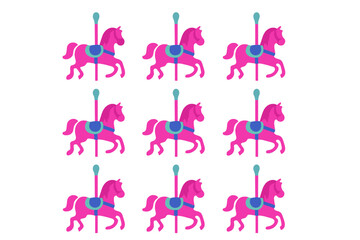 Bright pink carousel horses repeating seamless pattern on a clean white background