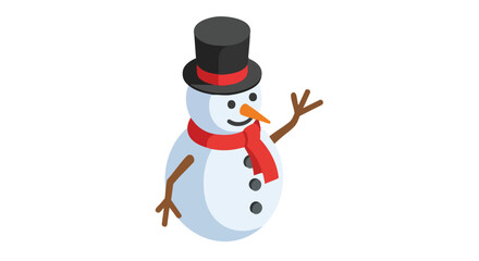 An isometric illustration depicts a cheerful snowman wearing a black top hat, red scarf, and waving, perfect for winter holiday greetings and festive seasonal designs.