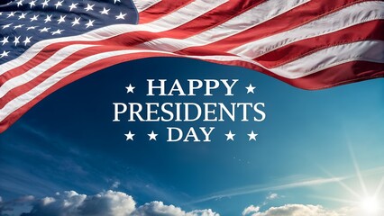 Happy presidents day with american flag waving against a blue sky and clouds