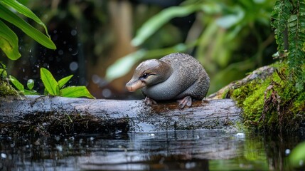 Obraz premium A platypus sitting on a log in a lush, green, rainforest environment.