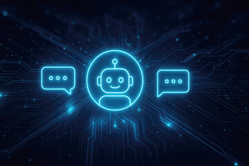 AI chatbot icon with speech bubbles on a glowing blue digital circuit board background artificial intelligence
