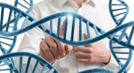 A scientist in a white coat touching a glowing blue digital representation of a DNA double helix, a concept of genetic engineering and research