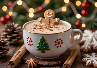 Festive christmas cup with gingerbread man and holiday decor in cozy setting