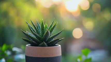 A small succulent plant in a ceramic pot, with a blurred green background.