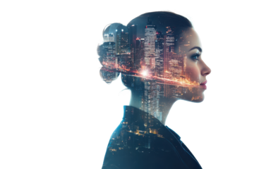 Businesswoman with double exposure showcasing a vibrant city skyline in the backdrop during evening hours