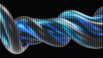 Abstract blue and silver wave on a dark striped background creates a visually striking and dynamic composition