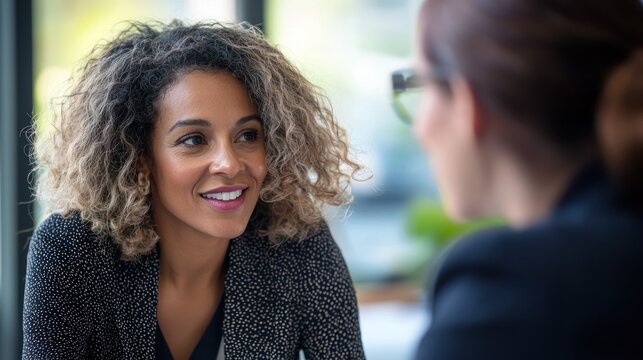 A woman with curly hair smiling at another woman in a business setting.
